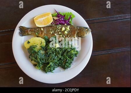 Balkan-Küche. Gegrillter Fisch (Forelle) mit grünem Blattgemüse auf weißem Teller. Dunkler rustikaler Hintergrund. Flach liegend, freier Platz für Text Stockfoto