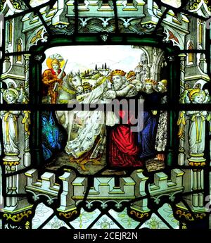 St. George liefert Prinzessin Sabra an ihren Vater, 19. Jahrhundert Glasfenster, Sandringham Pfarrkirche, Norfolk, England, Großbritannien Stockfoto