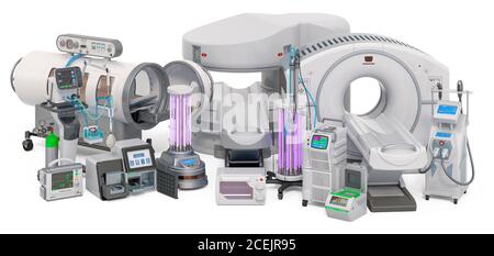 Satz von medizinischen Geräten. 3D-Rendering auf weißem Hintergrund isoliert Stockfoto