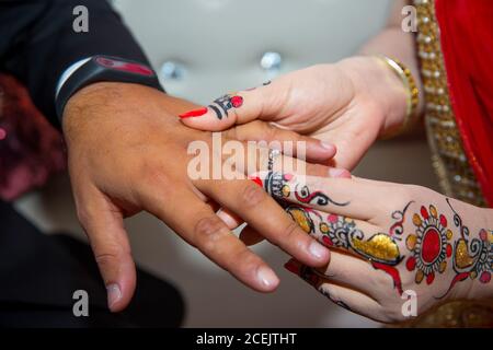 Eine Braut trägt einen Ring am Finger des Bräutigams. Indische Hochzeit. Stockfoto