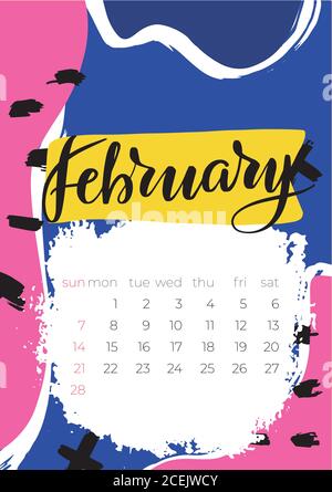 2021. februar Kalender mit Kalligrafie Schriftzug. Tischkalender, Planer desig Stock Vektor