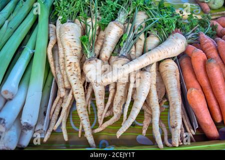 Bieten Sie auf dem Markt Karotten, Pastinaken und Lauch auf der Theke zu kaufen. Gemüse ist gesund und voller Vitamine. Stockfoto