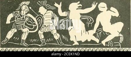 . Katalog der Silberplatte (griechisch, etruskischen und römischen) im Britischen Museum. Ptolemos, trägt Haubenhelm, cuirass, und Stiefel, mit Schwert in der rechten Hand und Schild auf 1. Arm rückt Eurypylos, die ähnlich bewaffnet ist angreifen. (2) EINE Frau, vielleicht Cassandra (mit der Eurypylos verlobt war), die mit erhobenen Armen und fliegenden Haaren auf die Kämpfer zueilt; sie trägt einen langen Chiton, und über ihren Armen ist ein Schal. (3) EIN Mann (möglicherweise Telephos), der in der Rückansicht zu r. auf einem Felsen sitzt und herum schaut; seine r. Hand wird angehoben, und seine 1. Ruht auf dem Felsen, über dem drapery ist. Ht. 4 cm. Ähnlich akq Stockfoto
