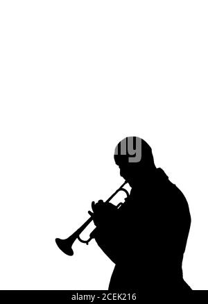 Silhouette eines erwachsenen Musikers stehend und spielend auf Trompete isoliert Auf Weiß Stockfoto