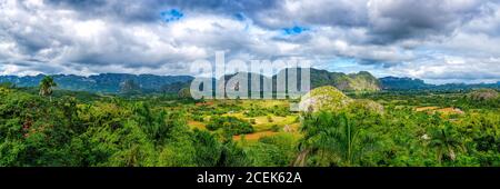 Panoramablick auf das Viñales-Tal in Kuba, berühmt für seine Berge und seine Tabakplantagen Stockfoto