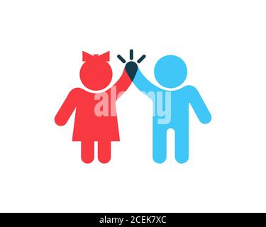 Mädchen und Jungen geben fünf Symbol. Erfolg Menschen Symbol. Teamarbeit Geschäftskonzept Zeichen. Vektor auf isoliertem weißem Hintergrund. EPS 10 Stock Vektor