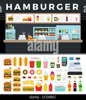 Abbildung eines Fast-Food-Stores mit einer Hamburger-Schildervektordarstellung in flachem Design. Stock Vektor