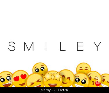 Smiley-Hintergrund-Design mit gelben Emoticons von lustigen und fröhlichen Mimik. Leeres Leerzeichen für Text. Set von Emoji. Vektor auf isoliert Stock Vektor