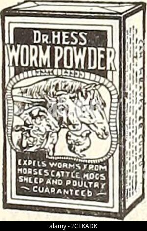 . 1916 Griffith and Turner Co. : Land- und Gartenbedarf. Dr. Hess Stock Tonic Formula auf jeder Verpackung gedruckt.jede Zutat von der U. S. Dispensatory und anderen hohen medizinischen Behörden indosiert. Es hilft bei der Verdauung, macht den Bestand gesund und vertreibt Würmer. Hilft Lager wandeln mehr rational in Milch, Fleisch, Blut und Muskeln. Everypound unterstützt ihe Dr. Hess & Cloll( unqualifizierte Garantie. Preise, 25-lb. Eimer, 1.60 Dollar; 100-lb. Sack, 5.00 Dollar. Dr. Hess Wurmpulver für Pferde, Schafe, Rinder und Schweine. Es konzentriert sich und ist ein wirkungsvoller Schwindel. Dr. Hess eigenes Rezept, das sich als wirksam erwiesen hat Stockfoto