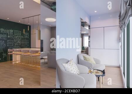3D-Rendering einer Küche Kaffeezone mit Tag natürlich Beleuchtung Stockfoto