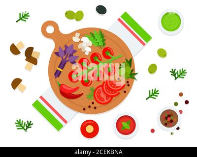 Gemüse und Kräuter auf einem Schneidebrett Draufsicht Vektor-Illustration in einem flachen Design. Stock Vektor