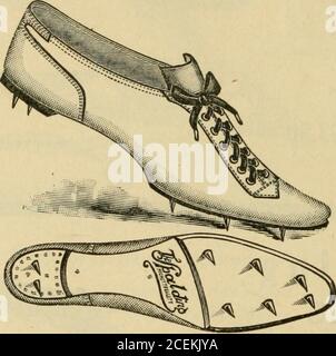 . Spaldings offizieller sportlicher Almanach. A. G. SPALDING &. BROS. New YorkBoston  St. Louis Chicago Baltimore Minneapolis Philadelphia Buffalo Denver San FranciscoKansas CityMontreal, Can, London, England Spaldings Jumping und Hurdling Schuhe. Springen und Hürden Schuh; feines Kanga-Roo Leder, handgefertigt; zwei Spikes auf der Ferse. Pro Paar, 5.00 US-Dollar No. 14H. A. C. SPALDING & BROS. New YorkSt. LouisDenver PhiladelphiaBuffalo ChicagoBoston Minneapolis Kansas City London, England San FranciscoBaltimoreMontreal, Can. SpaldingsCross Country Schuhe Stockfoto