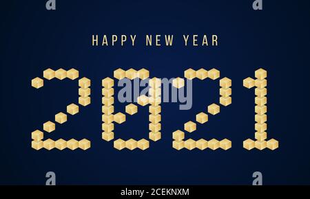 Gold Happy New Year 2021 Vector Block Typografie. Abbildung der Grußkarte „Feiertage“. Geometrische Neujahrsplakate wie elektronische Anzeigetafel. Stock Vektor