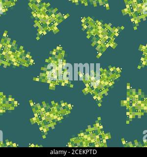 Vektor nahtlose Muster von Pixel Art Weihnachtsbaum auf grünem Hintergrund. Hintergrund mit grünem und gelbem Weihnachtsbaum. Stock Vektor
