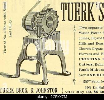 . Der amerikanische Stationer. No. 32 1 Chestnut Street, Philadelphia, Pa. 5 fl positive-Rotary – UND – High-Piessure 1 (zwei separate Patente) für den Antrieb aller Arten von Maschinen by-Water-Strom aus Hydrantendruck, wie Nähen Ma-Chines, Jig und Scroll-Sägen, Dental Drehmaschinen und Motoren, Kaffeemühlen und Röster, Wurstmaschinen, Drehmaschinen, Haus und Kirche Organe, Zuckermühlen, Eis Gefriergeräte, Ventilatoren, Gebläse und Aufzüge. Auch für das Fahren von einer bis zu sechs PRINTING-PRESSEN auf einmal, für den Betrieb von PaperCuttern, herrschenden Maeliinen und allen Maschinen, die von BlankRook-Herstellern, Druckern und Stationern verwendet werden Stockfoto