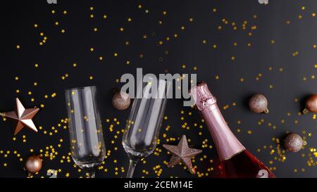 Champagnerflasche, Gläser, Roségolddekorationen, Konfetti auf schwarzem Hintergrund. Flach liegend, Draufsicht. Weihnachtsfeier Konzept. Stockfoto