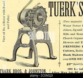 . Der amerikanische Stationer. Ho; 32 1 Chestnut Street, Philadelphia, Pennsylvania positive-Rotary – UND – Higti-Pressure (zwei separate Patente) für den Antrieb aller Arten von Maschinen Bywater Power aus Hydrantendruck, wie Näh- Ma-Chines, Jig und Scroll Sägen, Dental Drehmaschinen und Motoren, CoffeeMills und Röster, Wurst Maschinen, Drehmaschinen, Haus und Kirche Organe, Zuckermühlen, Eis Gefriergeräte, Ventilatoren, Gebläse und Aufzüge. Auch für das Fahren von einer bis zu sechs PRINTING-PRESSEN auf einmal und für den Betrieb von Papierschneidern, Lineal-Maschinen und allen Maschinen, die von BlankRook-Herstellern, Druckern und Stationierern verwendet werden. Jetzt bin ich Stockfoto