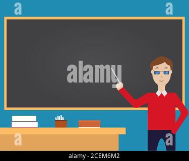 Illustration Vektor-Design des Lehrers ist Unterricht im Klassenzimmer mit Platz auf der schwarzen Tafel. Stock Vektor
