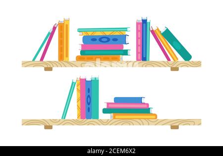 Regal mit Comic-Buch. Bücherregale aus Holz in der Bibliothek. Flacher Stapel Bücher Sammlung. Büroregal, Wand Innenraumstudie, Schulbücherregal und Bücherregal. Vektorgrafik auf weißem Hintergrund Stock Vektor