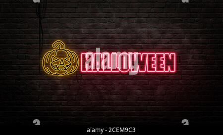 halloween Zeichen Emblem in Neon-Stil auf Backstein Wand Hintergrund Stockfoto