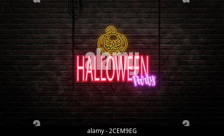 halloween Zeichen Emblem in Neon-Stil auf Backstein Wand Hintergrund Stockfoto