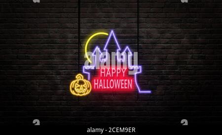 halloween Zeichen Emblem in Neon-Stil auf Backstein Wand Hintergrund Stockfoto