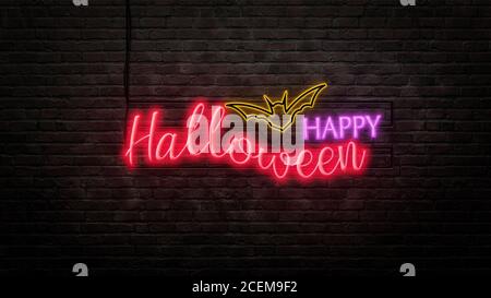 halloween Zeichen Emblem in Neon-Stil auf Backstein Wand Hintergrund Stockfoto