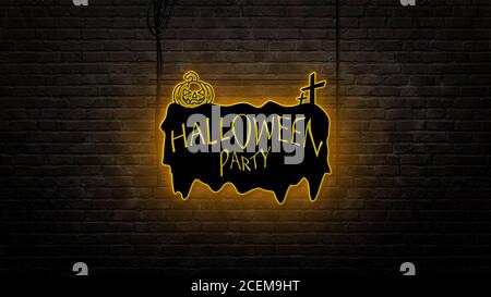 halloween Zeichen Emblem in Neon-Stil auf Backstein Wand Hintergrund Stockfoto