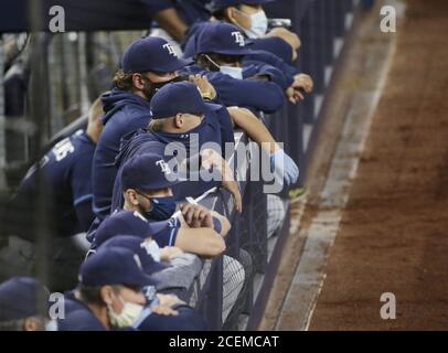 Bronx, Usa. September 2020. Tampa Bay Rays Spieler und Trainer tragen Masken, während sie das Spiel im Dugout im 4. Inning gegen die New York Yankees im Yankee Stadium am Dienstag, 1. September 2020 in New York City beobachten. Foto von John Angelillo/UPI Kredit: UPI/Alamy Live Nachrichten Stockfoto