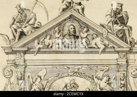 . Beerdigung hecho en Roma en la yglesia de Santiago delos españoles à 18 de diciembre de 1665 : A la gloriosa memoria del rei catolico delas Españas nuesro señor D. Felipe Quarto el grande en nombre de la nacion española. Mira ÁPLAZWNMONA HE CHAJN , QVAKTOΑ^^ΙΡΌΕ ΌΙΡΡΕΜΕΆΣ DE MDCLJ&Í. Stockfoto