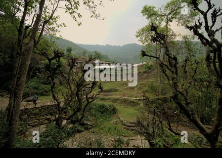 Landwirtschaftliches Dorf Sidhane in Kaski, Nepal, wo die Gemeinde auch Ökotourismus mit Panchase Peaks (Hintergrund) als Hauptattraktion betreibt. Stockfoto