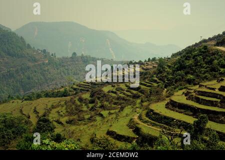 Landwirtschaftliche Terrassen und Blick auf die Berge aus Sidhane Dorf in Kaski Bezirk, Gandaki Pradesh Provinz, Nepal. Stockfoto