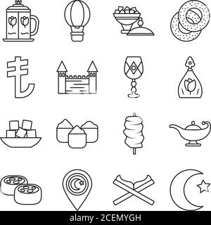 Icon Set von türkei Land und magische Lampe über weißem Hintergrund, Linienstil, Vektor-Illustration Stock Vektor