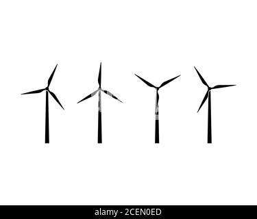 Silhouetten von Windenergieanlagen Icon Set. Windpark Energieschild. Grüner Strom. Offshore. Vektor auf isoliertem weißem Hintergrund. EPS 10 Stock Vektor