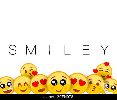 Smiley Hintergrund mit gelben Emoticons mit herzförmigen Augen. Liebevoller Gesichtsausdruck. Liebe, Valentinstag. Leeres Leerzeichen für Text. Vektor ein Stock Vektor