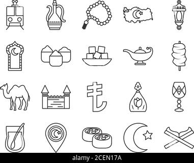 Icon-Set von türkei Land und türkische Straßenbahn auf weißem Hintergrund, Linienstil, Vektor-Illustration Stock Vektor