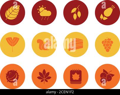 Trockene Blätter und Herbst Symbol auf weißem Hintergrund gesetzt, Block-Stil, Vektor-Illustration Stock Vektor