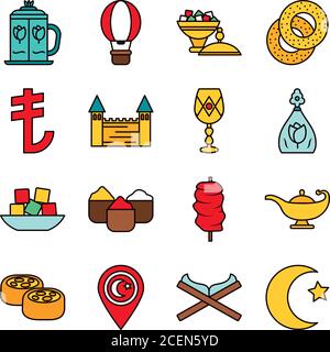 Icon Set von türkei Land und magische Lampe über weißem Hintergrund, Linie und Füllung Stil, Vektor-Illustration Stock Vektor