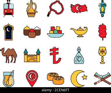 Icon Set von türkei Land und türkische Straßenbahn über weißem Hintergrund, Linie und Füllung Stil, Vektor-Illustration Stock Vektor