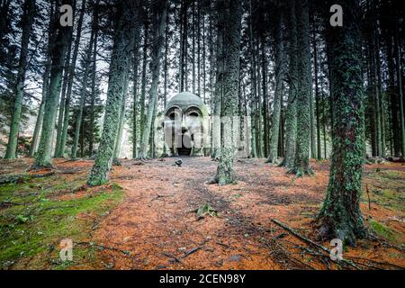 Kielder Wald und Holzskulpturen im Wald Stockfoto