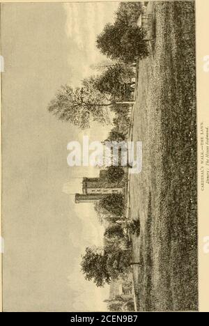 . Eine beschreibende und historische Skizze der Academy of Mount St. Vincent on-the-Hudson, New York City. 1847-1884 ... 40 BESCHREIBENDE SKIZZE. Rasen; rechts ein schöner Schrein, einschließend eine lebensgroße Statue vonSt. Joseph. Weiter oben, entlang der gekrümmten Straße und flaggedsidewalk, nähern wir uns dem Brunnen genannt Mater Divinae Gratise, Stockfoto