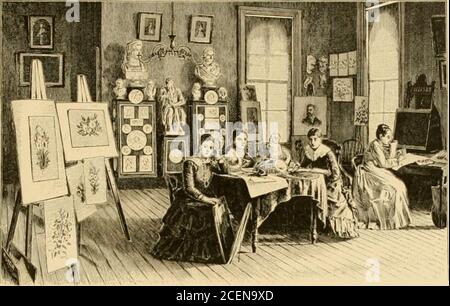 . Eine beschreibende und historische Skizze der Academy of Mount St. Vincent on-the-Hudson, New York City. 1847-1884 ... DORMITORIUM.Donir : Mary G. Smith. Davon wird in diesem Herbst gelegt (1883). Entlang der Trennwände sind Nischen oder private Toiletten angeordnet. Selbst die Wände dieser Räume werden sorgfältig belüftet und die besten sanitären Vorschriften werden durchgesetzt. Beim Abstieg (es sei denn, Sie wollen die hundert und zweiundvierzig Stufen des Turms steigen), besuchen wir zuerst den Art-Room. Dieses Zimmer ist fünfundzwanzig mal dreiundvierzig Fuß. Es ist fast eine Pitythat all die schönen Gemälde, etc., besaß Stockfoto