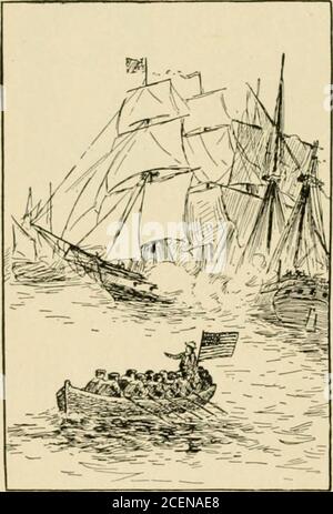 . Hazen's elementare Geschichte der Vereinigten Staaten; eine Geschichte und eine Lektion. ESSON. - Commodore Perry, am Eriesee, gewann einen großen Sieger über die gesamte britische Geschwader am 10. September 1813. Ein Vertrag wurde am 24. Dezember 1814 geschlossen. Der größte Seesieg des Krieges wurde in Com-modore Oliver Hazard Perry, am Eriesee, über CommodoreBarclay (10. September 1818) errungen. Perrys Flaggschiff, die Lawrence^ wurde von den enemys Gewehren versenkt, aber in einem kleinen Boot, gekrost zu der yUujura unter einem schweren Feuer, und nahm herdirekt unter der britischen Flotte, ermüdend starrt und links. Die anderen amerikanischen Schiffe folgten Stockfoto