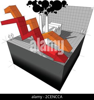 Diagramm eines Fabrikgebäudes oder Industriegebäudes mit zwei fallenden Gebäuden Pfeile im Geschäftsdiagramm Stock Vektor