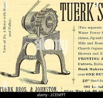 . Der amerikanische Stationer. TATIVI. FEDFtlGK:, Provisionshändler und Herstellervertreter, Dienststellen, Muster oder Konsignenten gesucht. Positive RotaryHigh-Piessure { (zwei separate Patente) für den Antrieb aller Arten von Maschinen Bywater Power aus Hydrantendruck, wie Nähen Ma-Chines, Jig und Scrou Sägen, Dental Drehmaschinen und Motoren, CofEeeMills und Röster, Wurstmaschinen, Drehmaschinen, Haus und Kirche Organe, Zuckermühlen, Eis Gefriergeräte, Ventilatoren, Gebläse und Aufzüge. Auch für das Fahren von einer bis zu sechs PRINTING-PRESSEN auf einmal und für den Betrieb von PaperCutler. Herrschende Maschinen, und alle Maschinen U Stockfoto