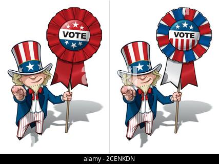 Vektor-Illustrationen eines Zeichentrickfilm Onkel Sam zeigt ‘I want you’ , hält eine winkende amerikanische Flagge, trägt eine chirurgische Maske. Alle Elemente ordentlich in uns Stock Vektor