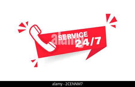 24 7 Service rotes Etikett. Webbanner. Telefonsymbol. Vektor auf isoliertem weißem Hintergrund. EPS 10 Stock Vektor