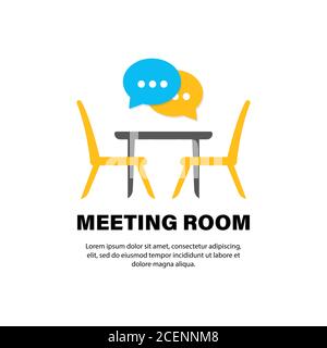 Konferenzraum, Symbol für flache Tafel. Schreibtisch, Stühle mit Sprechblase. Vektor auf isoliertem weißem Hintergrund. EPS 10 Stock Vektor
