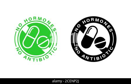 Zertifikatssiegel. Kein Hormon. Naturprodukt. Frische Ernährung. Gesunde antibiotikafreie Produkte. Vektor auf isoliertem weißem Hintergrund. EPS 10 Stock Vektor