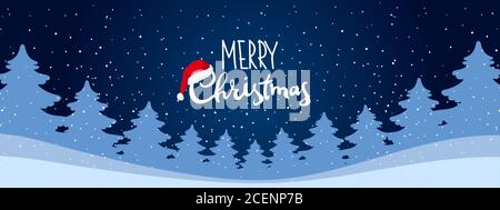 Modernes festliches Banner, frohe weihnachten. Winter Wald Hintergrund. Blaue Nachtlandschaft. Neujahrsposter. Vektorgrafik mit Glückwunsch und Platz zum Kopieren Stock Vektor
